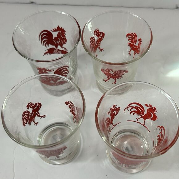 Vintage Red Rooster Juice Glasses Set 4 Farmhouse Diffferent Designs 3" Libbey? - Picture 8 of 9